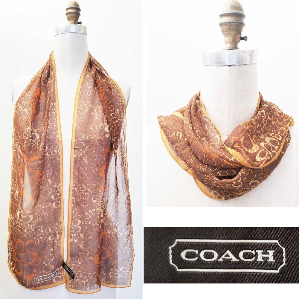 Coach Womens Logo Chiffon Semi Sheer Oblong Scarf Brown Tones